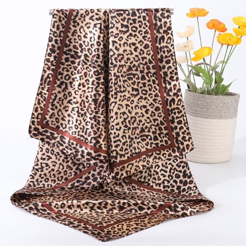 AWAYTR Satin Silk Scarf - Large Hair Bandana, Sleeping Wrap for Women - color: Leopard Print (Coffee)