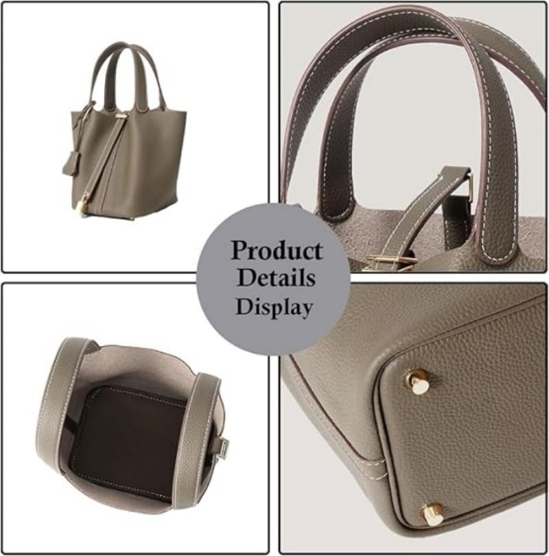 Genuine Leather Bucket Bag for Women: Lock Design Shoulder Handbag Versatile Top-Handle Tote Fashionable Vegetable Basket - color: Grey