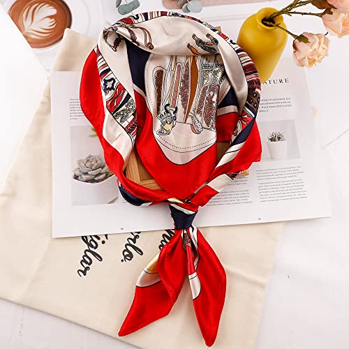 NZKNP Silk-Like Head Scarf - Women's Bandana Wraps - color: 27-red and Navy, size: 35"*35"
