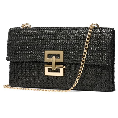SWEETV CHUNLI Straw Purse Woven Beach Bag Summer Clutch Purse Boho Crossbody Bags for Women Small Raffia Shoulder Bag - color: Black