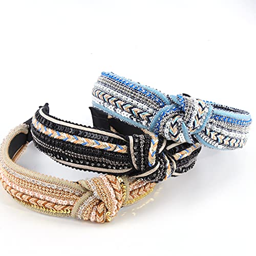 TOBATOBA Knotted Boho Headbands for Women, 3 Pack Beaded Knot Headband, Diademas Para Mujer De Moda, Womens Crystal Pearl Head bands, Wide Turban Head bands No Slip Fashion for Women - color: Color 2