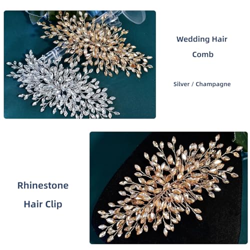 Rhinestone Leaf Wedding Hair Comb, Sparkly Bridal Hair Piece Accessories for Bride Bridesmaid Party Prom (Champagne) - color: Champagne