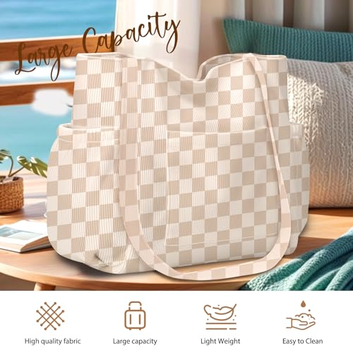 Corduroy Tote Bag for Women,Large Capacity Cute Tote Bags With 6 Pockets,Crossbody Shoulder Handbag for Work Travel Gym - color: Khaki Grid-a
