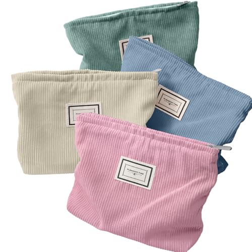 Sanwuta 4 Pack Velvet Makeup Bag Cosmetic Bag for Women Large Capacity Corduroy Pouch Zipper Canvas Travel Toiletry Purse Make up Organizer Case Accessories (Light Color,Plaid) - color: Light Color