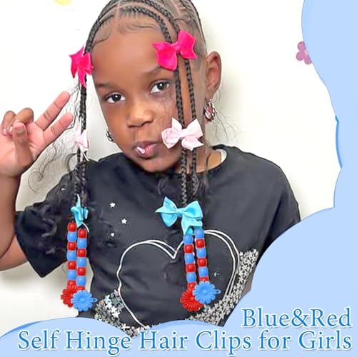 60PCS Hair Beads for Braids Blue Red Flower Self Hinge Hair Clips | 4th of July,Cute Dreadlock Beads, Acrylic Pony Bead,Plastic Hairpin Clips,80s 90s Colorful Hair Accessories - color: Blue&Red