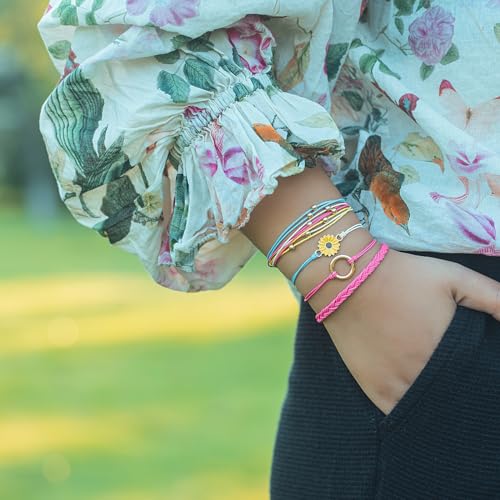 FANCY SHINY Easter Gifts Basket Stuffers Sunflower String Bracelet Boho Braided Rope Wrap Bracelets Cute Summer Beach Surfer Jewelry for Women - color: Hot Pink