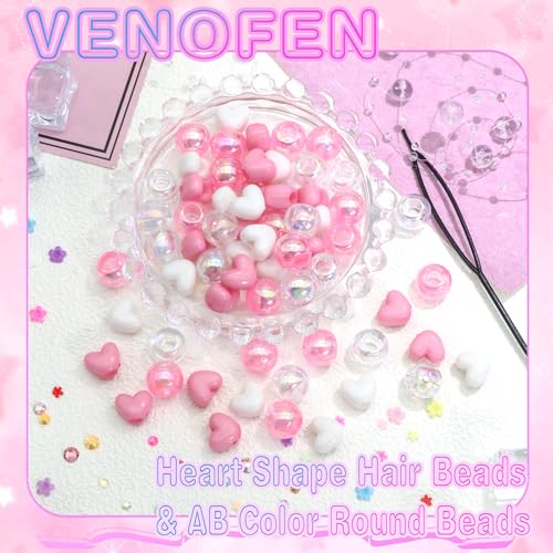 60PCS Pink Hair Beads Cute Heart Braids Beads AB Color Round Bead for Hair Dreadlock Jewelry Pony Bead Valentine's Day Loc Accessories for Kids Girls - color: Pink&White