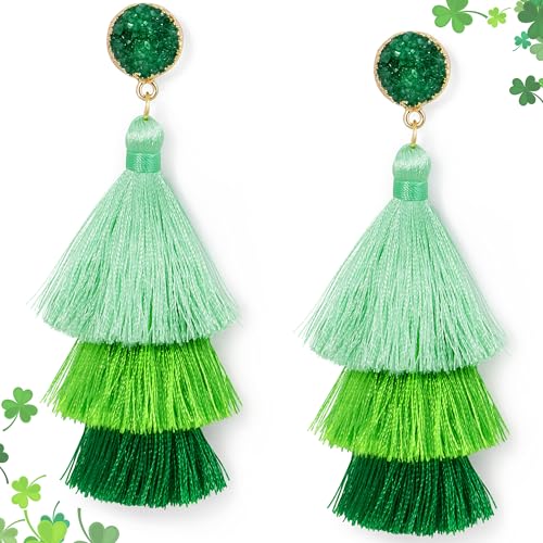 Me&Hz Colorful Layered Tassel Earrings Bohemian Statement Tiered Tassel Big Dangle Drop Earrings for Women Druzy Studs Valentine’s Day Gift - color: Green ombre