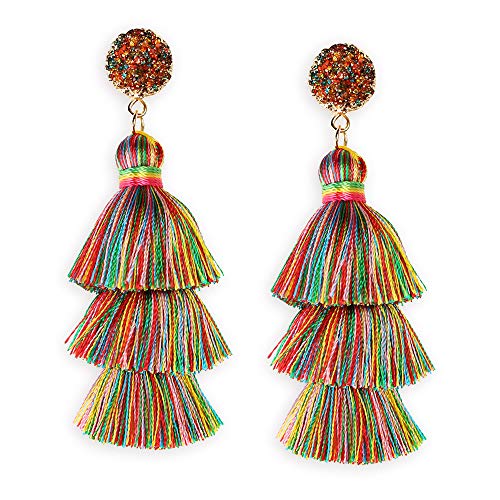 Me&Hz Colorful Layered Tassel Earrings Bohemian Statement Tiered Tassel Big Dangle Drop Earrings for Women Druzy Studs Valentine’s Day Gift - color: Colorful