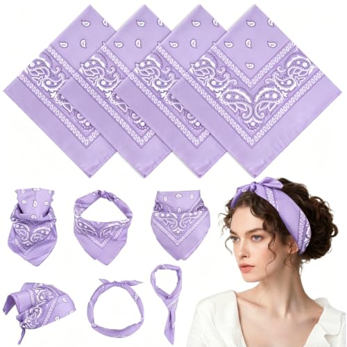 PLULON Bandanas for Men Women 4/12/24/30 Pack, Paisley Pattern Bandana Bulk Headbands Handkerchief Face Mask 100% Polyester - color: Light Purple