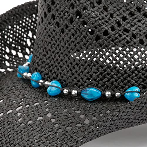 TOVOSO Western Cowgirl Hat, Straw Cowboy Hat for Women with Shapeable Brim, Beaded Hearts Trim, Shapeable Cowboy Hat - color: Black With Blue Trim
