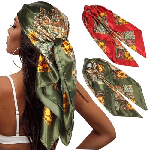 Head Scarf for Women Hair - 2 Pack 35" Square Satin Scarf, Silk Hair Scarf for Women Head Wrap for Sleeping - color: Military Green & Red