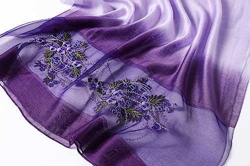 WINCESS YU Women Mulberry Silk Scarf Long & Large Embroidered Floral Pattern Shawl and Wraps Neckerchief for Hair & Neck - color: Gradient Purple