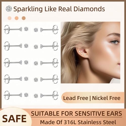 10 Pairs Small Stud Earrings for Women Precision-Cut Cubic Zirconia Earrings for Sensitive Ears Hypoallergenic Surgical Stainless Steel Tiny Stack Earrings for Multiple Piercing - color: 3mm-10 Pairs