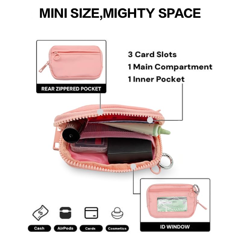 Wristlet Wallet for Women Mini Zip Card Case with Clear ID Window Zipper Coin Purse Lightweight Portable Keychain Wallet - color: Pink