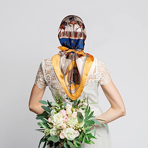 NZKNP Silk-Like Head Scarf - Women's Bandana Wraps - color: 28-yellow and Blue, size: 35"*35"