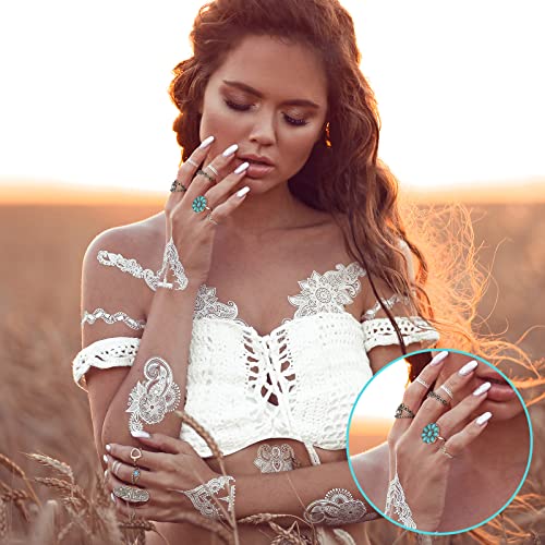 Huquary 84 Pcs Vintage Turquoise Rings for Women Bohemian Silver Oval Gemstone Western Boho Stackable Joint Knuckle Midi Stacking Rings Set for Women Girls Gifts