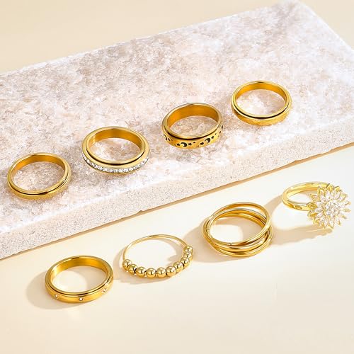 FEYIR 8 Pcs Fidget Rings for Women Anxiety Spinner Stainless Steel CZ Band Ring Spinning Rings Set for Anxiety - color: 8pcs-Gold