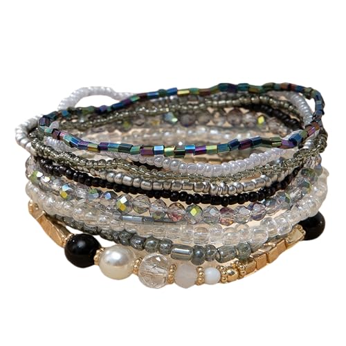 Handmade Bohemian Colorful Crystal Beaded Bracelets Set Multilayered Stackable Boho Stretch Adjustable Bangle Cuff Friendship Summer Beach Jewelry for Women - color: black