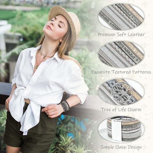 Leather Wrap Bracelet for Women, Boho Cuff Bracelet with Strong Clasp, Multi-Layer Crystal Leather Bracelet for Valentine Mother's Day - color: 02-Tree of Life-Gray
