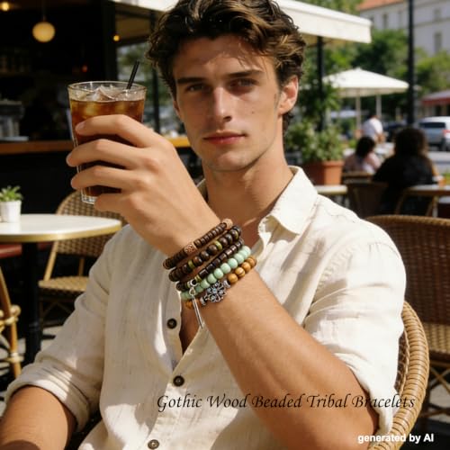 Punk Braided Leather Bracelets for Men Women Gothic Wood Beaded Tribal Wrap Wristband Grunge Emo Multilayer Adjustable Mens Bracelet in Black Brown Fathers Day Gift - color: Brown Feather