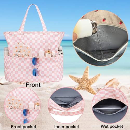 Bluboon Waterproof Beach Tote Pool Bags for Women Ladies Extra Large Carry On Bag With Wet Compartment for Weekender Travel - color: Checked Pink White