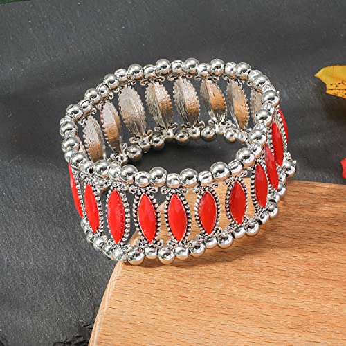 COLORFUL BLING Bohemian Simulated Turquoise Stretch Bangle Bracelet for Women Adjustable Ethnic Natural Stone Statement Wide Wrap Bracelet Boho Jewelry - color: long red