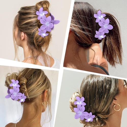 ANBALA Hair Clip, 4PCS Flower Design Plumeria Hair Clips, Large Non-Slip Strong Hold Claw Clips for Thick Hair, Beach Hair Accessories for Women Girls (Purple) - color: purple
