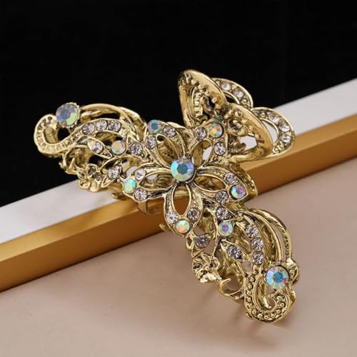 Fancy Hair Claw Jaw Clips Pins For Womens, Vintage Rhinestone Crystal Flowers Hair Barrette for Thick Hair Accessories White Silver - color: gold