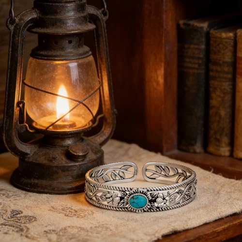 Genuine Turquoise Bracelet Cuff Bracelet for Women Mom 925 Sterling Silver Natural Turquoise Bangles Vintage Bracelet Boho Jewelry for Birthday Christmas Mother's Day Valentine's Day - style: Flower and Leaf