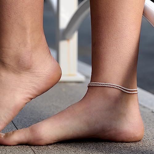 Freekiss Sterling Silver Ankle Bracelets for Women: Dainty Layered Waterproof Anklet for Women Adjustable Womens Anklet Set Stackable Figaro Beaded Cuban Link Anklets Beach Jewelry for Women - color: ANKLET-Single clasp sparkle glitter-SL