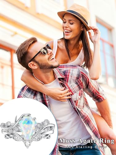 Natural Moss Agate Ring for Women 925 Sterling Silver Pear/Oval/Kite/Heart/Hexagon/Emerald/Coffin Cut Green Leaf Moss Agate Engagement Ring Promise Bridal Set Anniversary Birthday Jewelry Gifts - color: Coffin Cut Opal