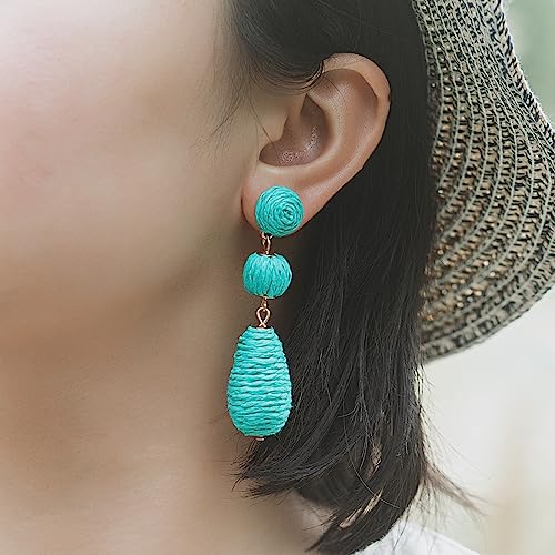 Boho Raffia Earrings Statement Dangle Earrings Cute Teardrop Ball Earrings Colorful Summer Jewelry Handmade Rattan Earrings for Women - color: Teal