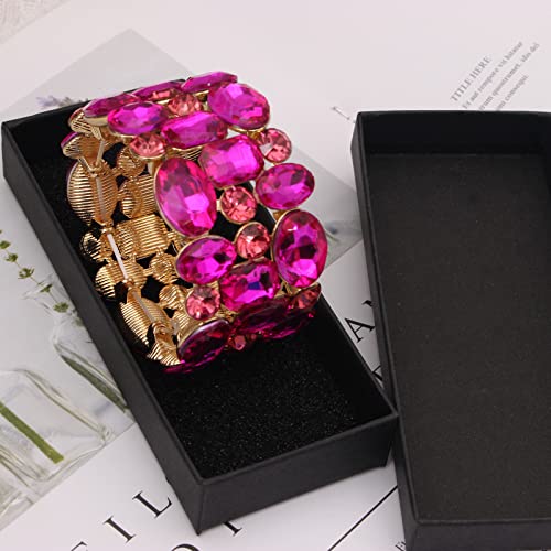 Women’s Wedding Bridal Crystal Leaf Flower Stretch Bangle Elastic Wide Bracelet Jewelry for Brides Bridesmaid - color: Rose Red-Gold Plated