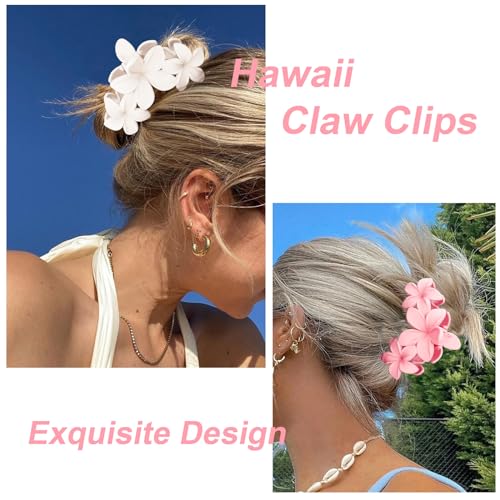 ANBALA Flower Claw Hawaiian Hair Clip, 4PCS Large Plumeria Hair Clips for Women, Non-Slip Strong Hold Clips for Thick Hair, Beach Hair Accessories (Pink, Gradient White, Dark Pink) - color: D-4pcs large colorful flower-Pink