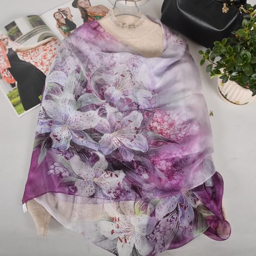 100% Mulberry Silk Women's Neck Silk Scarf-Lightweight Shawl,FLoral Print Beach Silk Wrap-Scarves for Photography - color: Purple Lily