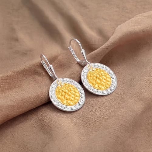 LeCalla 925 Sterling Silver Drop & Dangle Earrings for Women | Handmade Hammered Textured Drop Dangle Earring Jewelry | Women's Hammered Earrings Jewelry for Gift Mom Wife - color: Two-Tone Disc