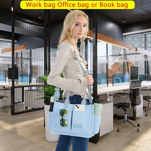 ZHMO Canvas Tote Bag for Women,Women's Bags Crossbody Bags Work Laptop Tote Bag Large Handbags Purse for Travel Nurse Teacher - color: New Upgrade Light Blue With Compartments and Side Cup Holders