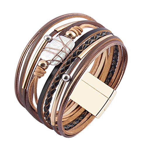 GelConnie Leather Cuff Bracelet Baroque Pearl Wrap Bracelet Gorgeous Gold Tube Bangle Boho Bracelet Bohemian Wristband Jewelry Gift for Women Wife - color: Leather Cuff Bracelet-Brown
