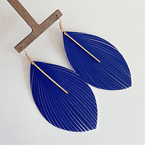 Minimalist Handmade Lightweight Large Soft Faux Leather Fringe Feather Dangle Drop Earrings Bohemian Huge Leaf Hook Earrings with Bar for Women - color: Blue