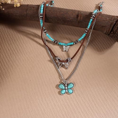 Pingyongchang Boho Layered Western Turquoise Necklaces for Women Vintage Stone Beaded Chokers Butterfly Catus Chain Country Concert Cowgirl Cowboy Jewelry Holiday Gifts - style: B Butterfly