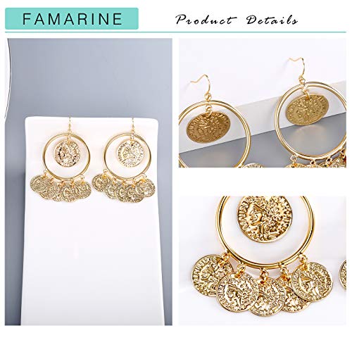FAMARINE Vintage Tribal Chandelier Portrait Coins Hoop Drop Earrings for Women Costume Jewelry - color: Gold