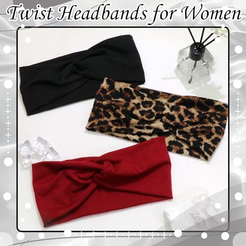 3 Pack Headbands for Women Short Twist Turban Headbands Boho Elastic Non Slip Hair Bands Leopard Hair Wraps Accessories - color: Multicolor-2