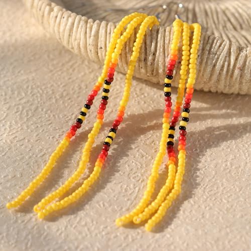 Native Long Beaded Tassel Earrings for Women, Boho Handmade Colorful Beads Statement Dangle Earing Prom Jewelry Gift. - color: Yellow