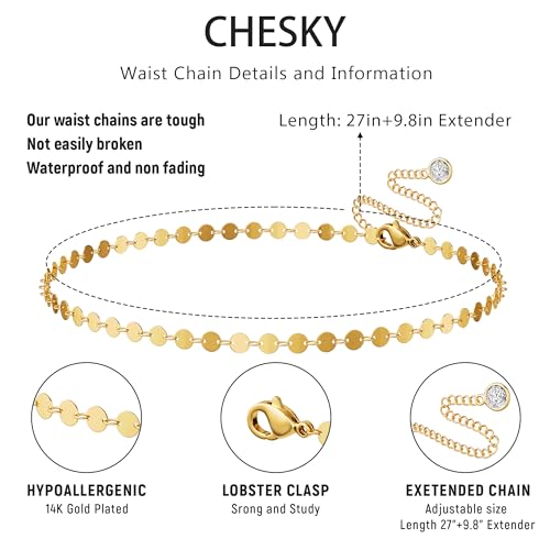 CHESKY Waist Beads for Women, Dainty 14k Gold Plated Waist Chain Beach Accessories Cute Belly Chain Body Chain Gold Chain Belts for Women Summer Beach Jewelry for Womens Gifts Rave Outfits for Womens - style: Coin