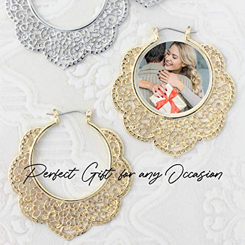 Bohemian Boho Filigree Hoop Earrings for Women – Intricate & Delicate Cutout Design Details – Tribal Floral Gypsy Lightweight Geometric Metallic Statement Earrings - style: Outer Floral - Gold