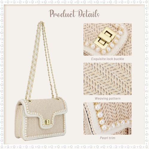 Fecialy Straw Crossbody Bags for Women Summer Straw Beach with Pearls Raffia Shoulder Handbags - color: Beige