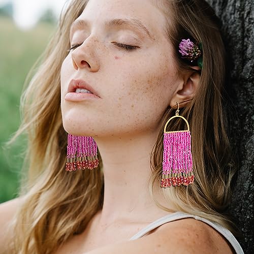 Bohemia Beaded Dangle Earrings - Handmade Seed Bead Earrings, Statement Beaded Tassel Earrings for Women - color: HOT PINK
