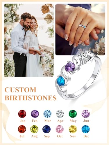 Custom4U Personalized Mothers Ring with 1-5 Birthstones Names Engraved 925 Sterling Silver/14K White Gold Plated Birthstone Rings for Women Promise Ring Birthday Jewelry Gifts for Mom Grandmother Wife - color: 3 Birthstones Ring (Engraved)