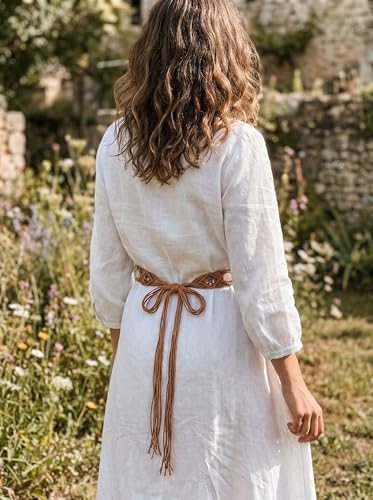 TeeYee Women's Waist Belt Adjustable Boho Style Handwoven Bohemia Tassel Rope Tie with Wooden Beads Braided Chain for Dress - color: 284tan
